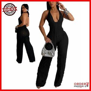 Backless Halter Jumpsuit Wide Leg Long Pants Sexy Club Outfit